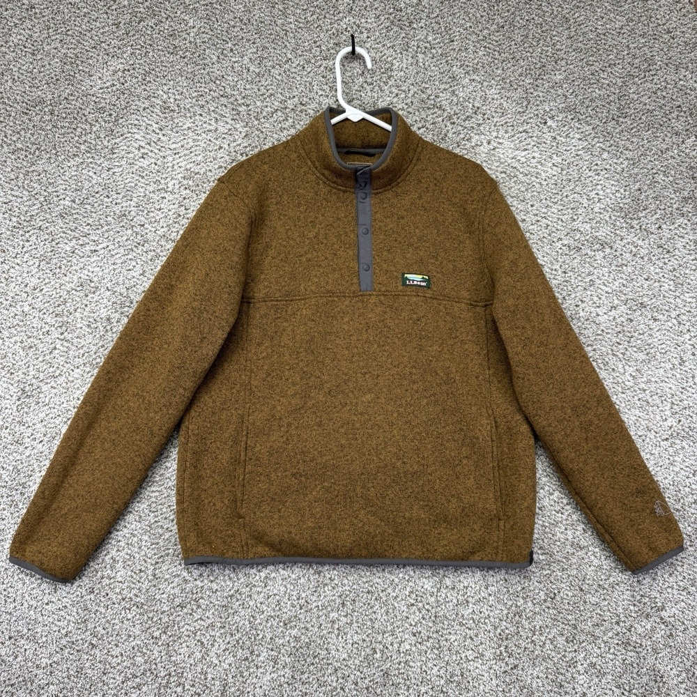 LL Bean Jacket Men's Large Brown Sweater Fleece Snap T Pullover Slightly Fitted